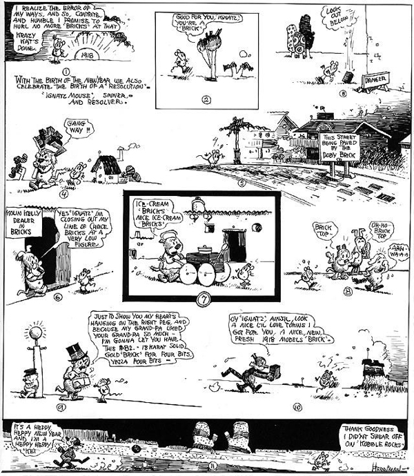 Ignatz swears off brick throwing in "Krazy Kat." Public Domain.