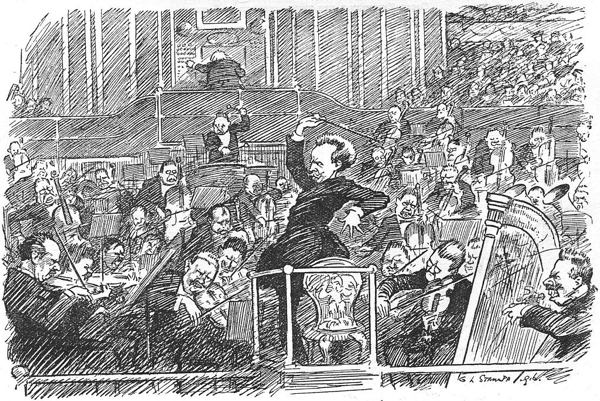 1916 newspaper cartoon of Richard Strauss conducting from commons.wikimedia.org