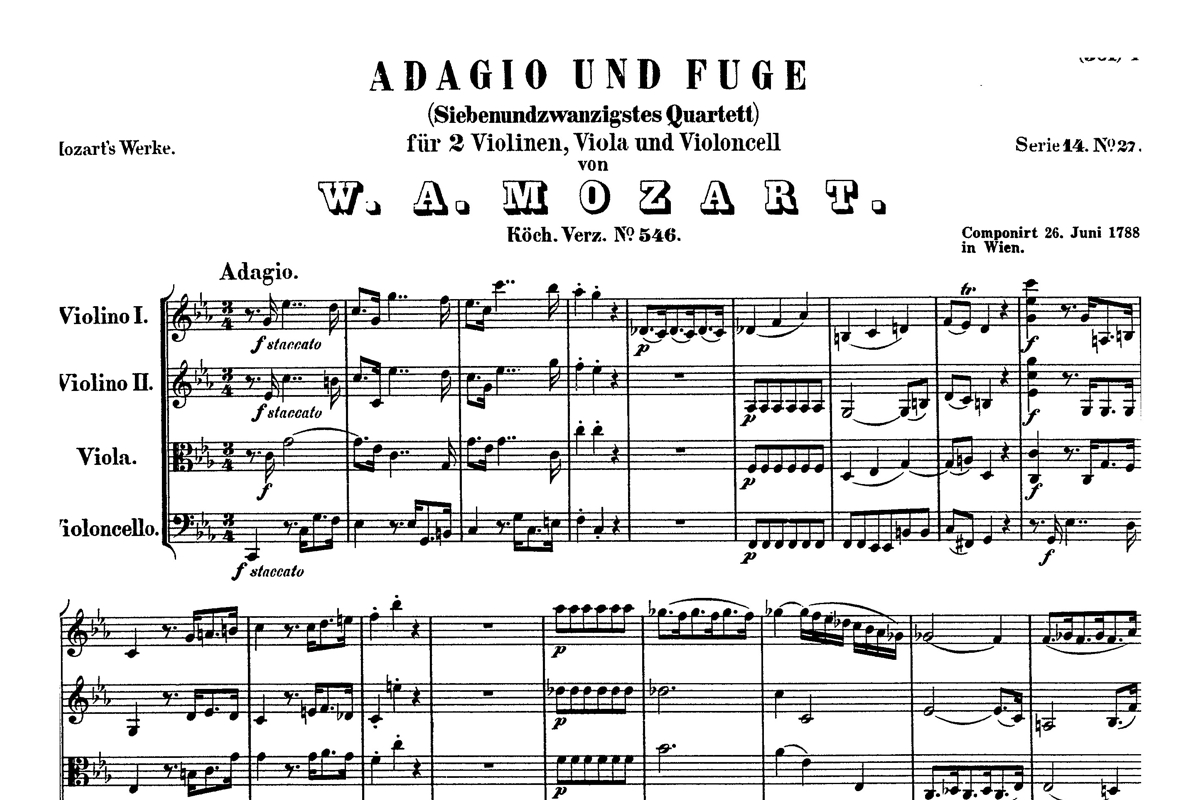 The cover page of Mozart's Adagio and Fugue. Image courtesy of IMSLP.